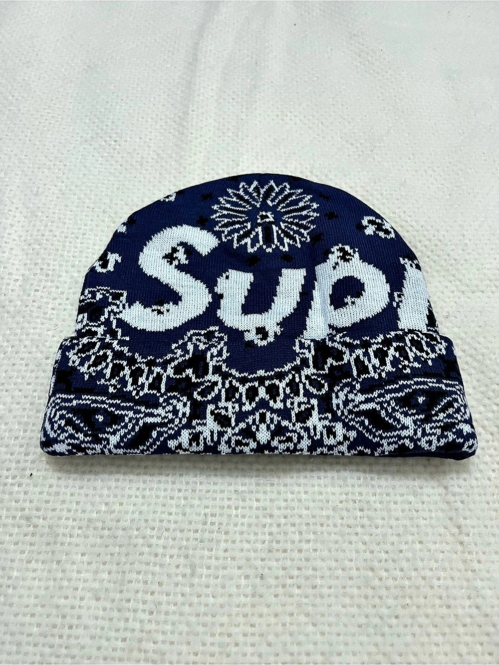 Supreme Bandana Big Logo Beanie Paisley Blue & White